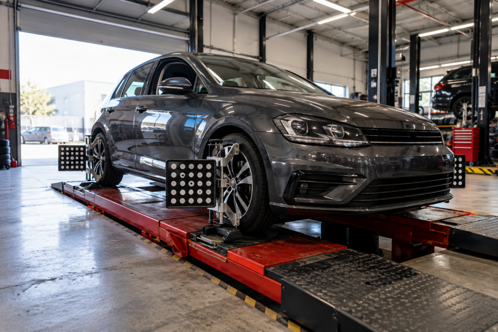Coche sobre un banco de alineación de dirección con las dianas de medición colocadas en las ruedas