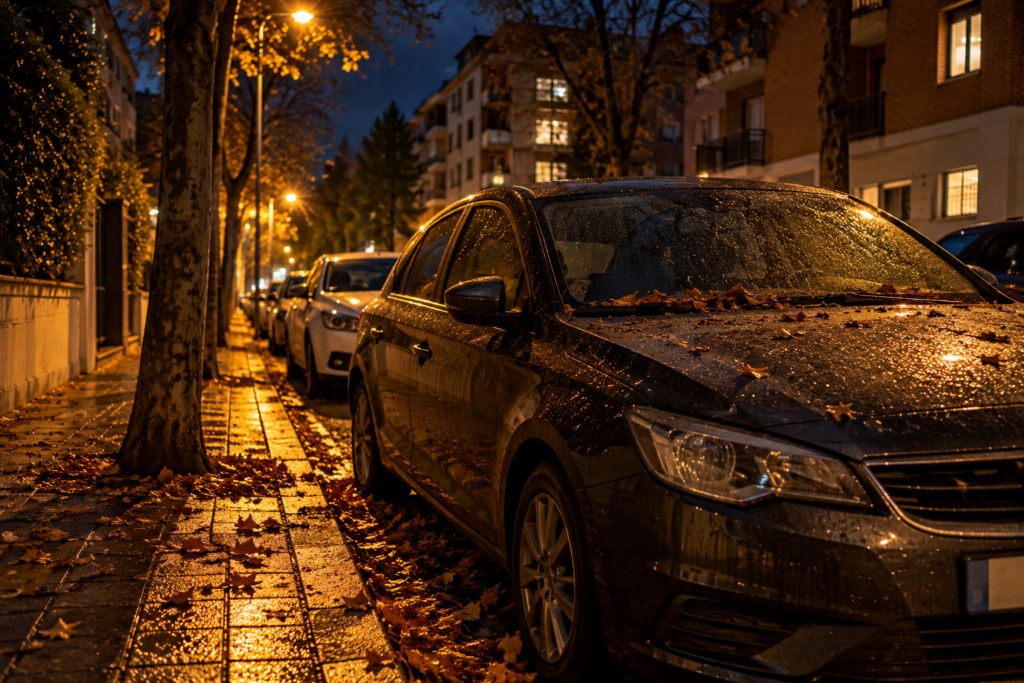 Coche aparcado de noche en una calle con hojas secas sobre el capó tras varios días sin usarse