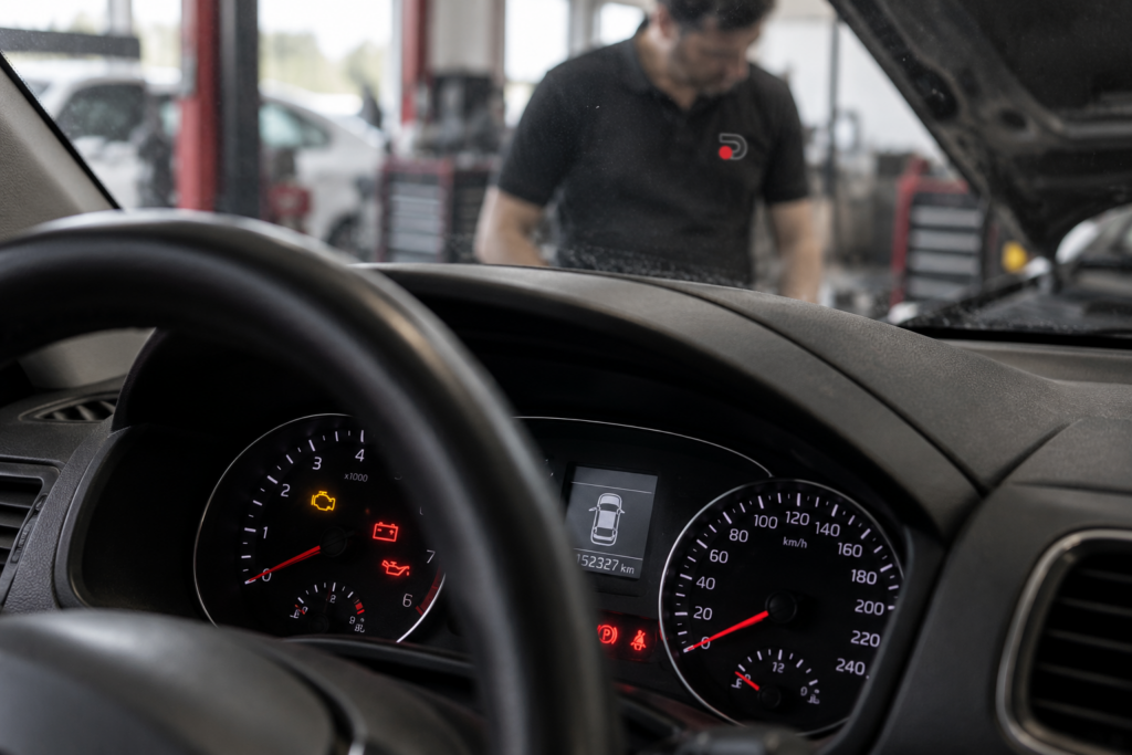 Cuadro de mandos de un coche con el testigo de la batería encendido y un mecánico revisando el motor al fondo