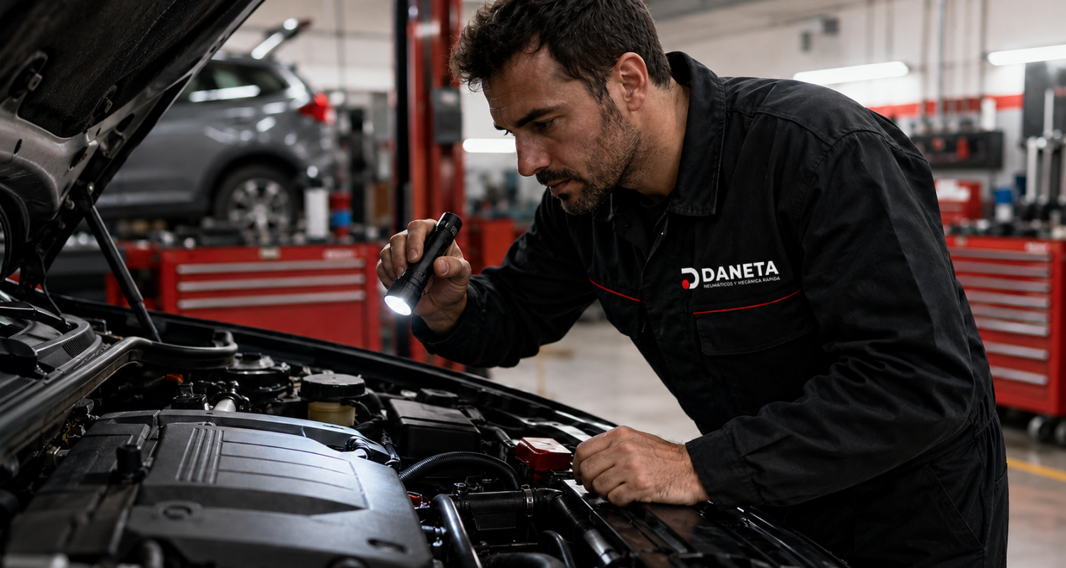 Mecánico de Automóviles Daneta inspeccionando el motor de un vehículo con una linterna en un taller mecánico.